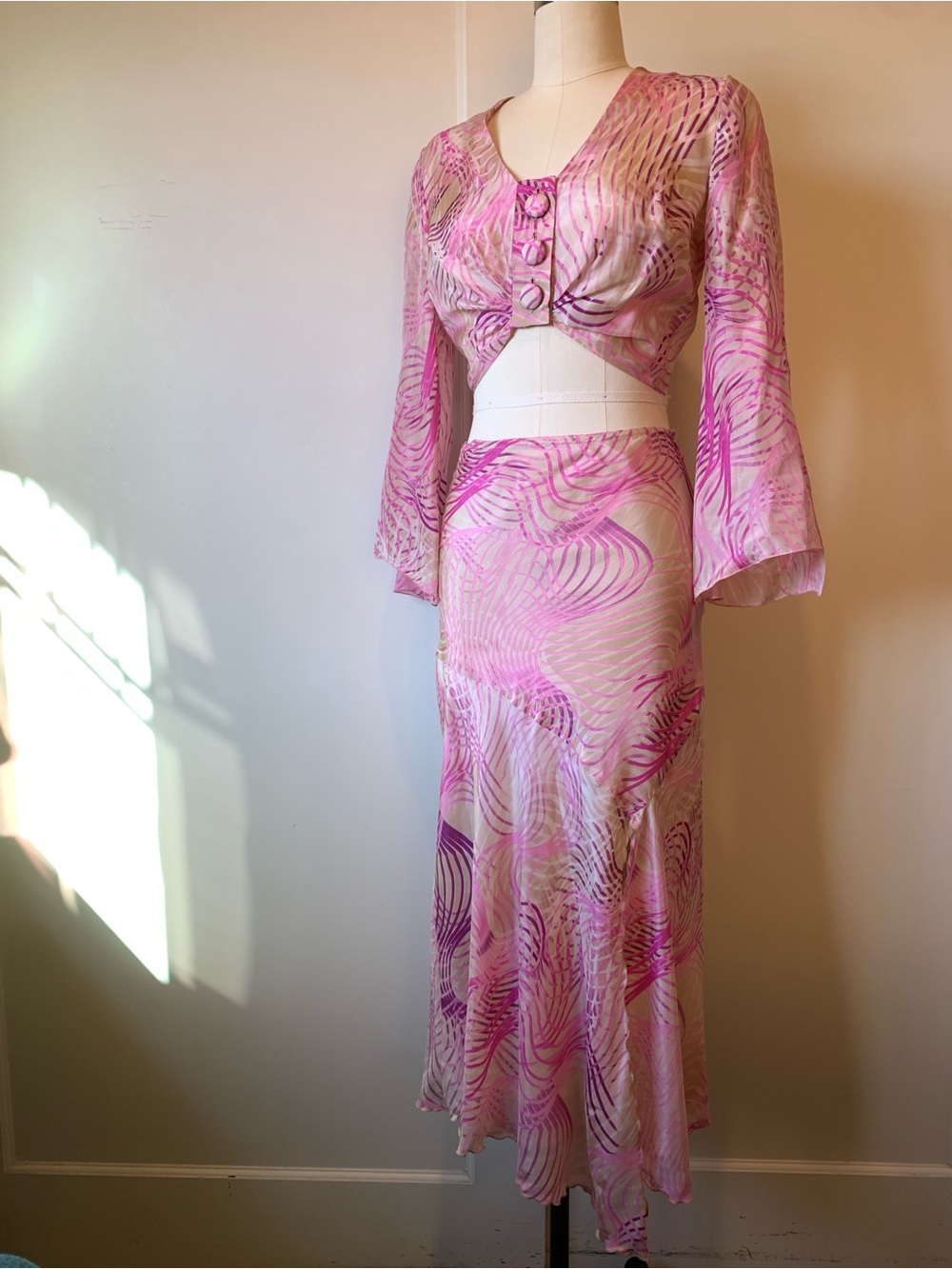 Lorena Conti Pink Silk Swirl Crop Blouse and Skirt